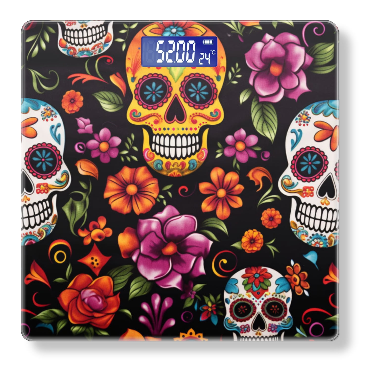 High Precision Body Weight Scale Smart Bathroom Scales with Large LCD Display(400lbs),Decorative for Bedroom-Colorful Skulls And Flowers
