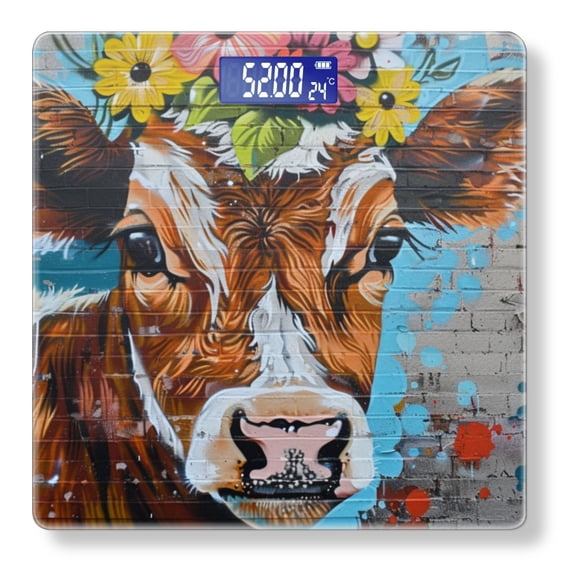 High Precision Body Weight Scale Smart Bathroom Scales with Large LCD Display(400lbs),Decorative for Bedroom-Cute Brown Cow With Flowers On Head