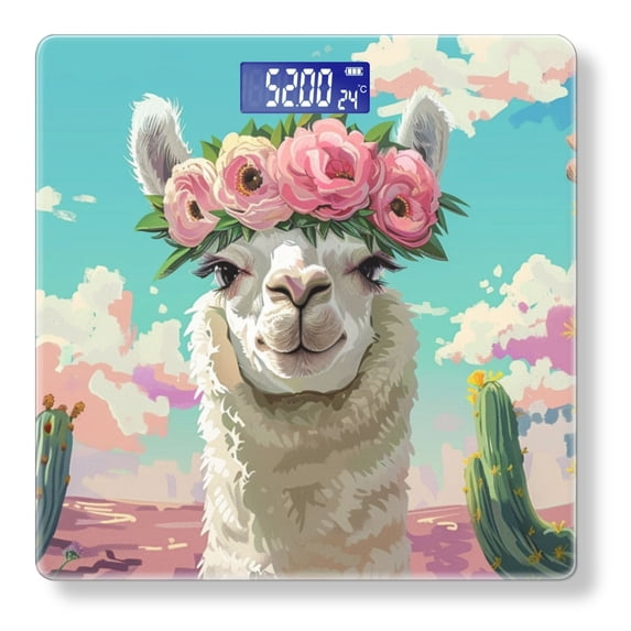 High Precision Body Weight Scale Smart Bathroom Scales with Large LCD Display(400lbs),Decorative for Bedroom-Cute White Alpaca With Pink Flower Crown