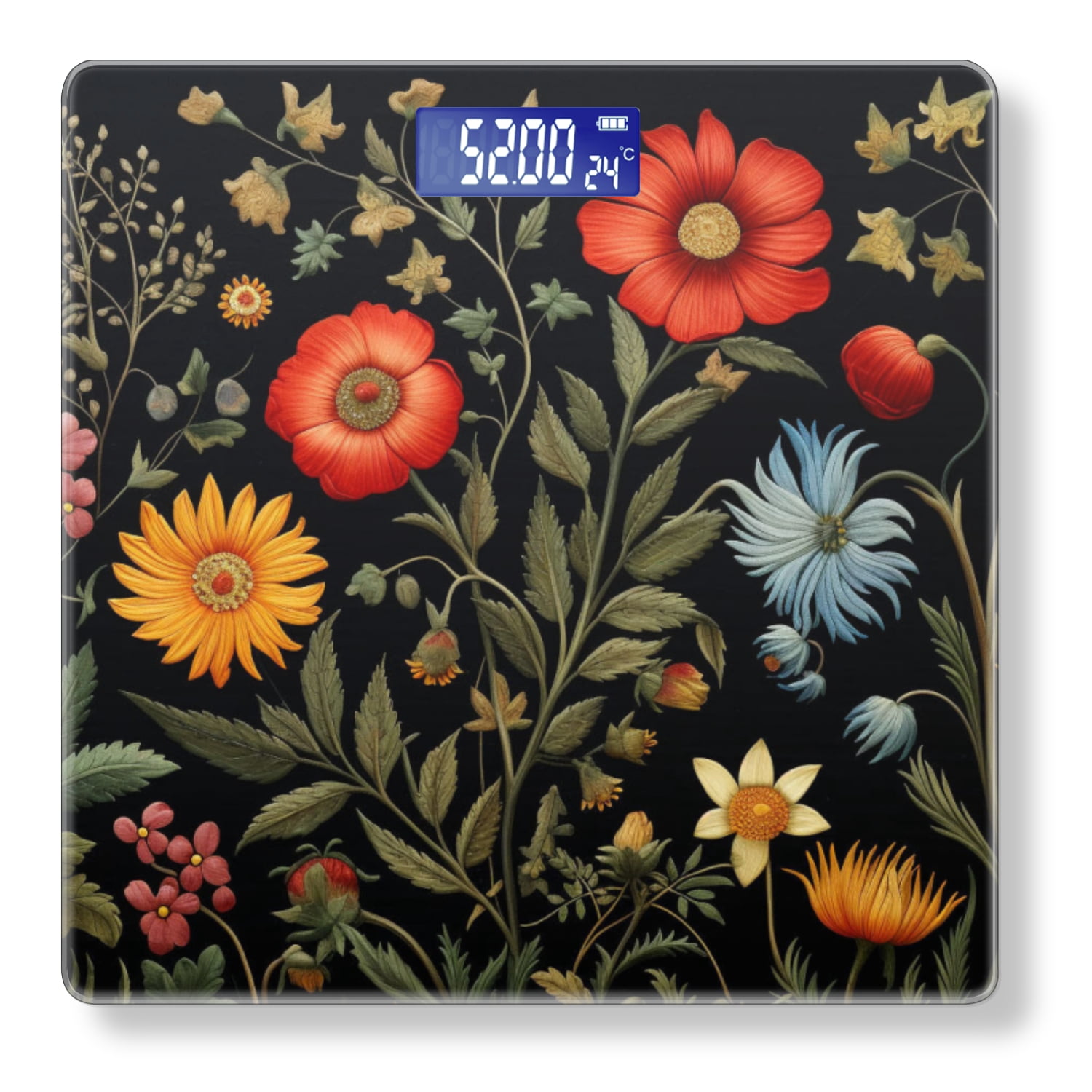 High Precision Body Weight Scale Smart Bathroom Scales with Large LCD Display(400lbs),Decorative for Bedroom-Detailed Wildflowers On Black Background