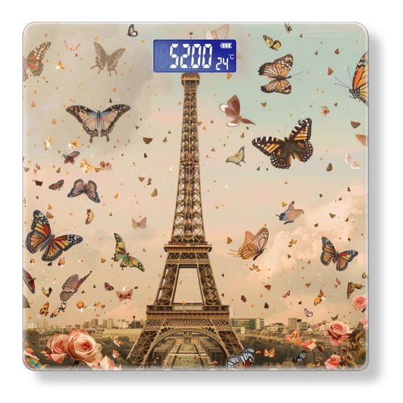 High Precision Body Weight Scale Smart Bathroom Scales with Large LCD Display(400lbs),Decorative for Bedroom-Eiffel Towere With Butterflies And Roses