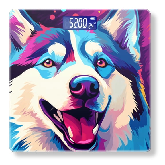 High Precision Body Weight Scale Smart Bathroom Scales with Large LCD Display(400lbs),Decorative for Bedroom-Happy Husky Dog With Colorful Background