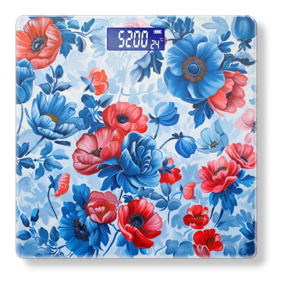 High Precision Body Weight Scale Smart Bathroom Scales with Large LCD Display(400lbs),Decorative for Bedroom-Red And Blue Flowers On White Background