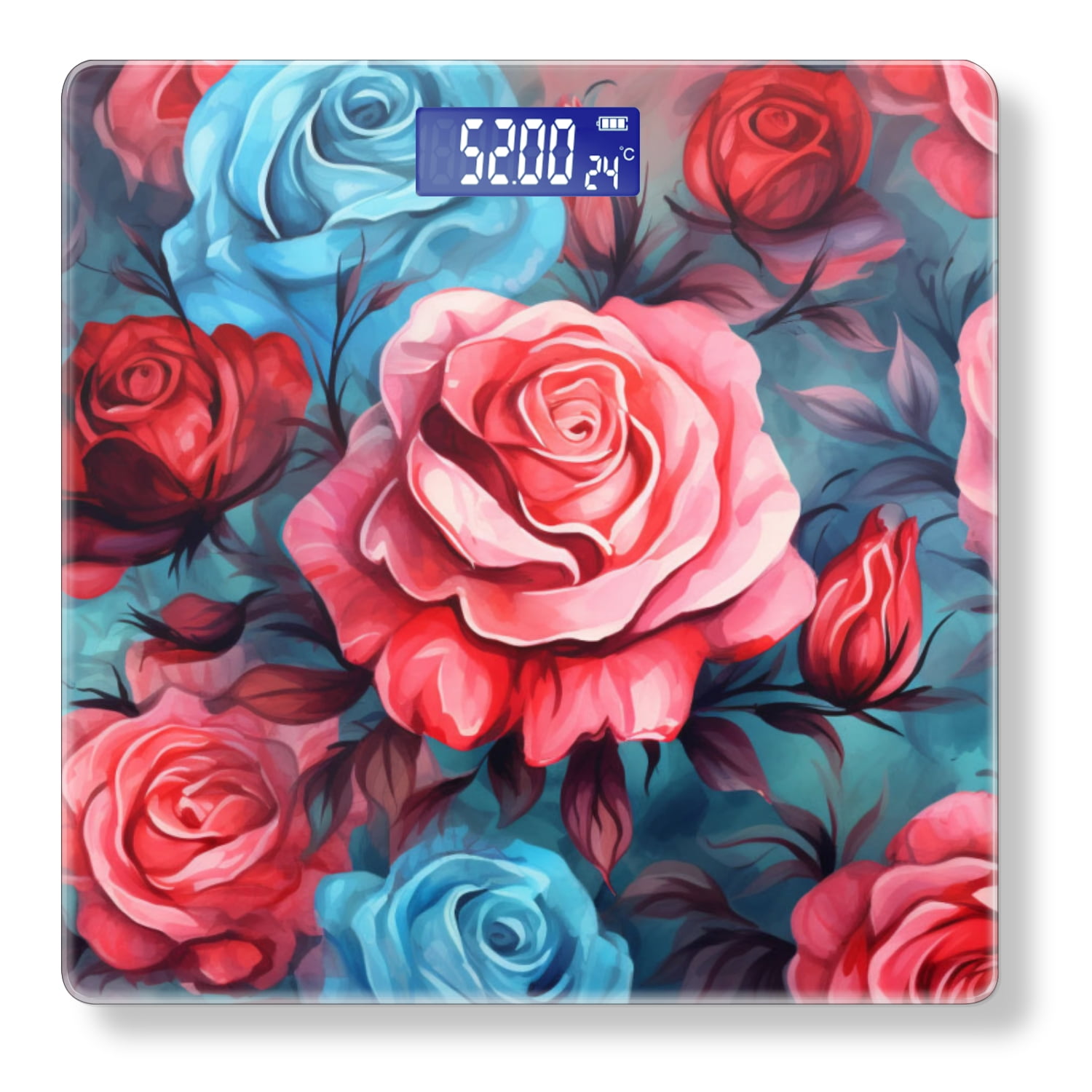High Precision Body Weight Scale Smart Bathroom Scales with Large LCD Display(400lbs),Decorative for Bedroom-Red And Pink Roses With Blue Accents