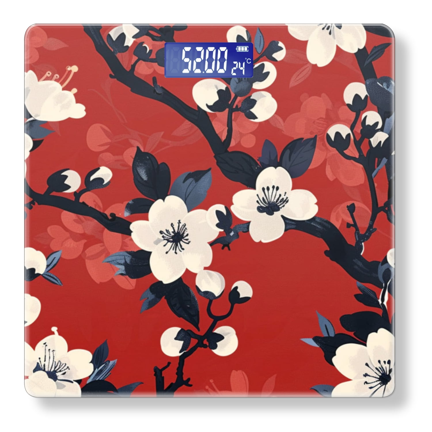 High Precision Body Weight Scale Smart Bathroom Scales with Large LCD Display(400lbs),Decorative for Bedroom-Red Background With White Blossom