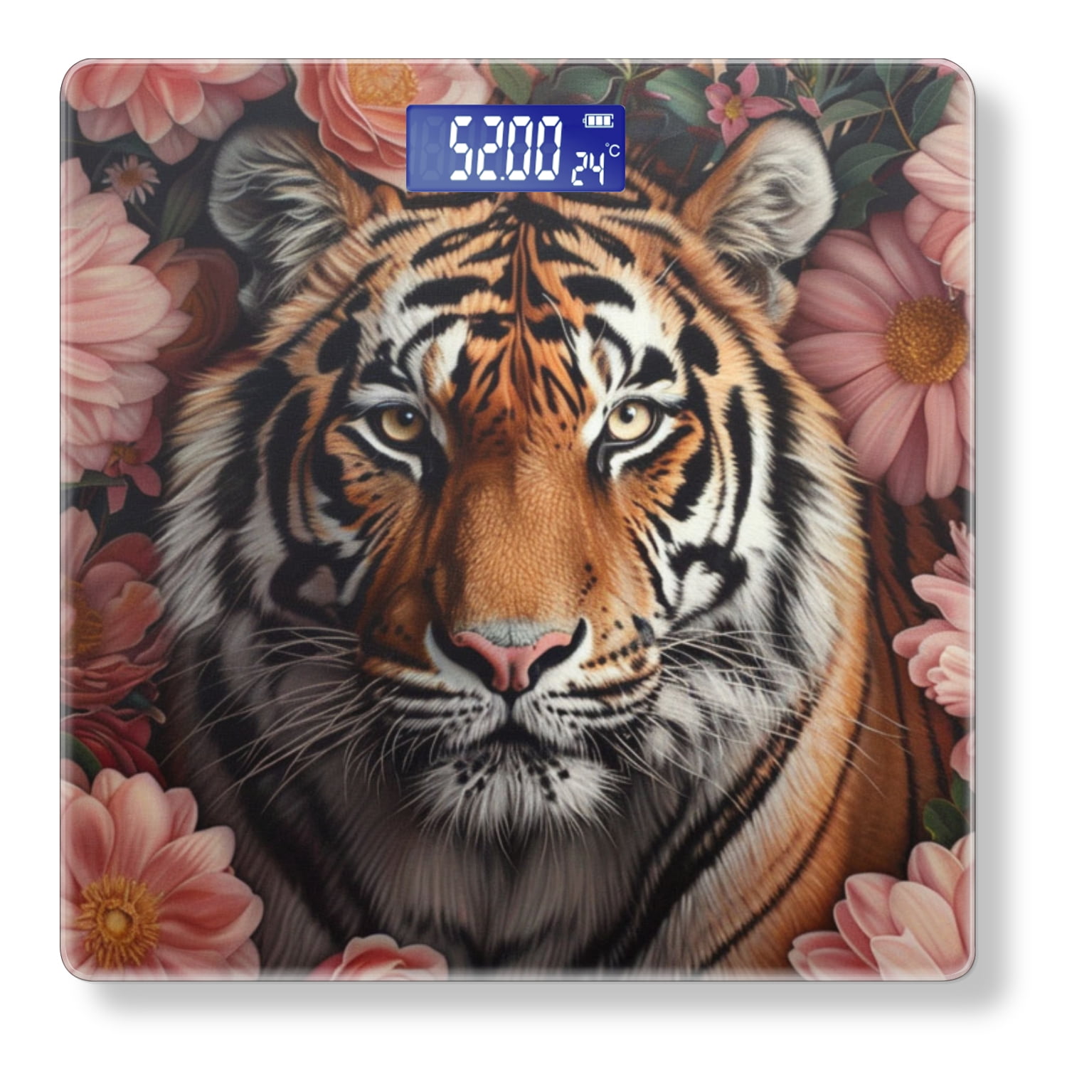 High Precision Body Weight Scale Smart Bathroom Scales with Large LCD Display(400lbs),Decorative for Bedroom-Tiger Surrounded By Pink Flowers