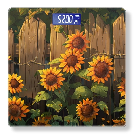 High Precision Body Weight Scale Smart Bathroom Scales with Large LCD Display(400lbs),Decorative for Bedroom-Wooden Fence With Sunflowers