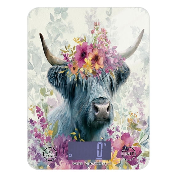 High Precision Digital Kitchen Scale Tempered Glass Food Scale Multifunction Scale Small Kitchen Appliances Highland Cow with Wildflowers
