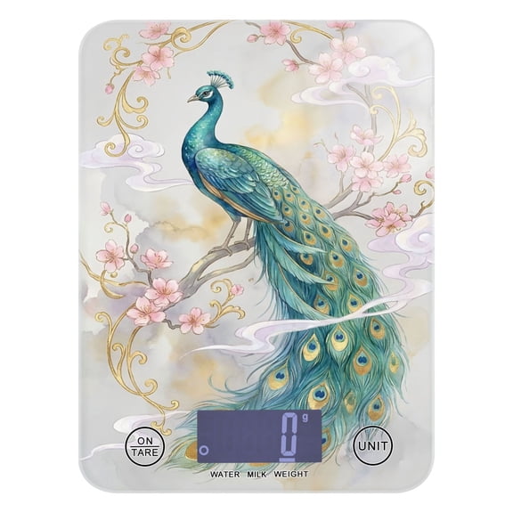 High Precision Digital Kitchen Scale Tempered Glass Food Scale Multifunction Scale Small Kitchen Appliances Peacocks and Cherry Blossoms