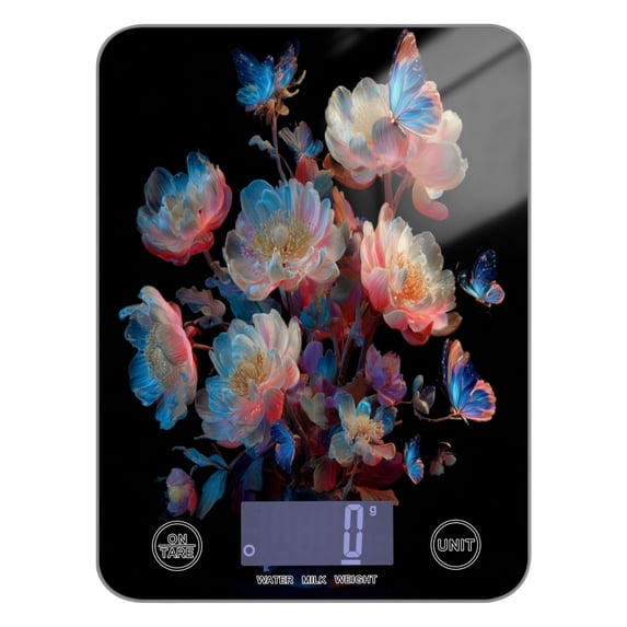 High Precision Digital Kitchen Scale Tempered Glass Food Scale Multifunction Scale Small Kitchen Appliances White Flowers with Blue Butterflies