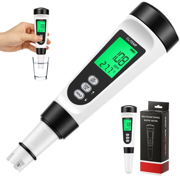 High Precision Digital Total Residual Chlorine Tester Pen, Backlit LCD Pool Water Quality Detector with ATC, White, 1-Pack