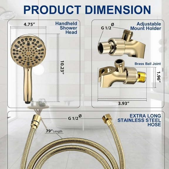 High Pressure 10 Setting Handheld Shower Head, 5" Detachable Showerhead Spray Built-in Power Wash to Clean Tub, Tile & Pets, 79" Extra Long Stainless Steel Hose, Adjustable Bracket - Gold