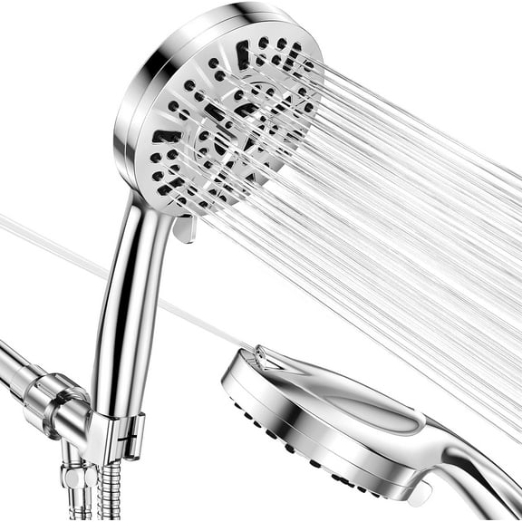 High Pressure 10mode Handheld Shower Head - Luxury Modern Chrome Look, Built-in Power Spray to Clean Tub, Tile Corner & Pets