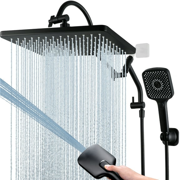G-Promise 10 Inch High Pressure Rainfall Shower Head 4 Spray Handheld Showerhead Combo, with Extension Arm, Hose, Matte Black