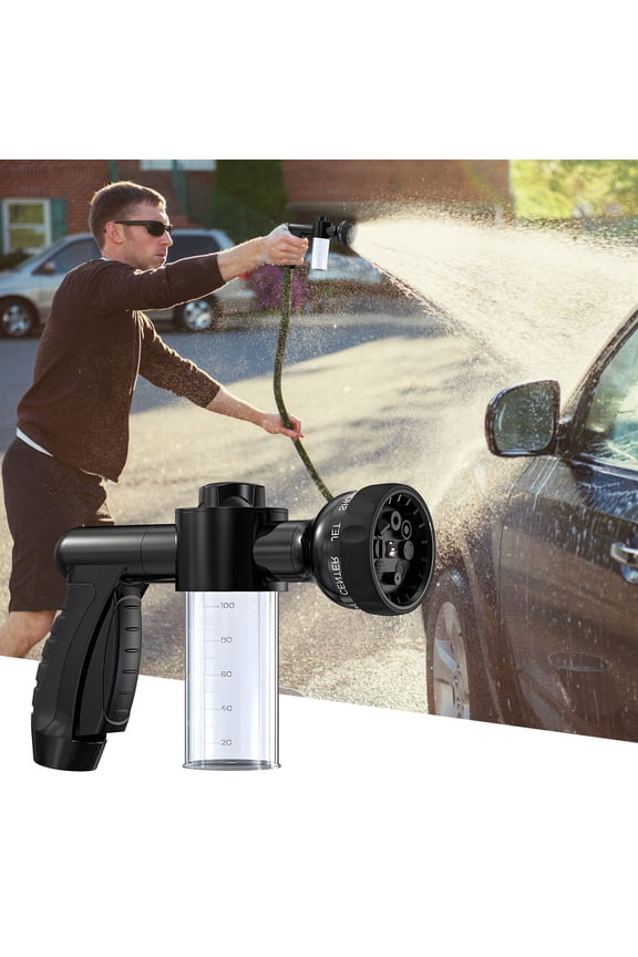 High Pressure 8-in-1 Garden Hose Nozzle with Soap Dispenser - Car Washing, Watering Plants, Showering - 6-10M Spray Distance, 8 Spray Modes, Ergonomic Design, 26x16x6cm