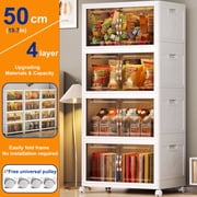 Storage Bins with Lids- 4 Tier Folding Storage box with Doors and Wheels, Collapsible Plastic Storage Bins for Closets, Stackable Storage Organizer, Storage Containers for Closet, White