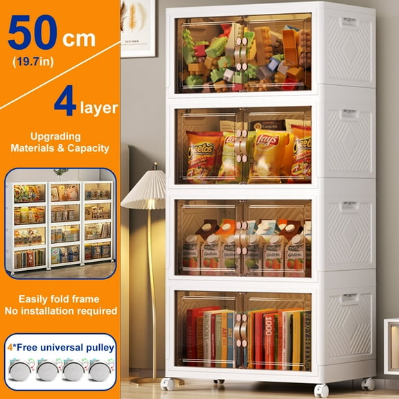 Storage Bins with Lids- 4 Tier Folding Storage box with Doors and Wheels, Collapsible Plastic Storage Bins for Closets, Stackable Storage Organizer, Storage Containers for Closet, White