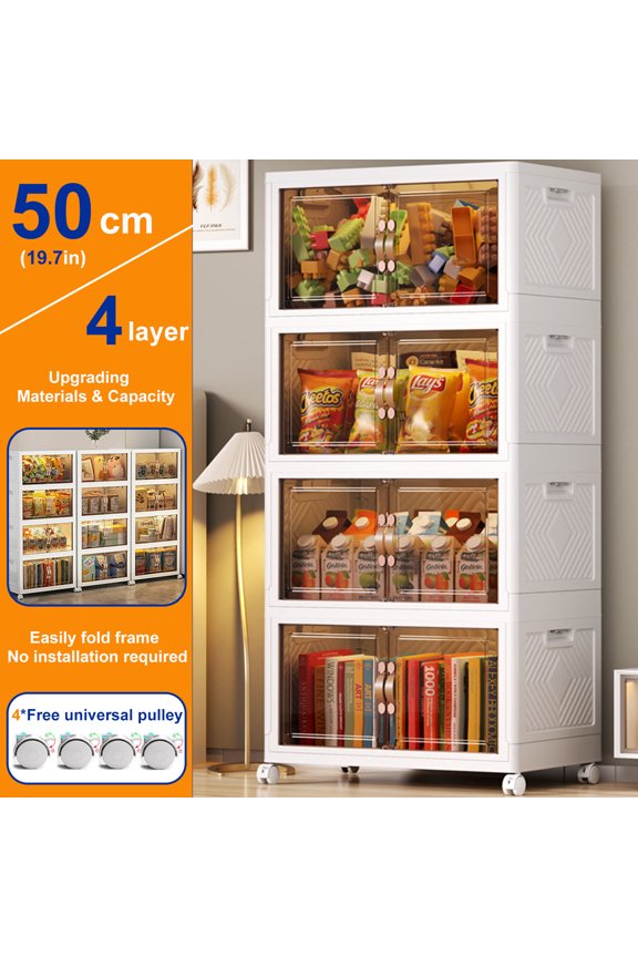 Storage Bins with Lids- 4 Tier Folding Storage box with Doors and Wheels, Collapsible Plastic Storage Bins for Closets, Stackable Storage Organizer, Storage Containers for Closet, White