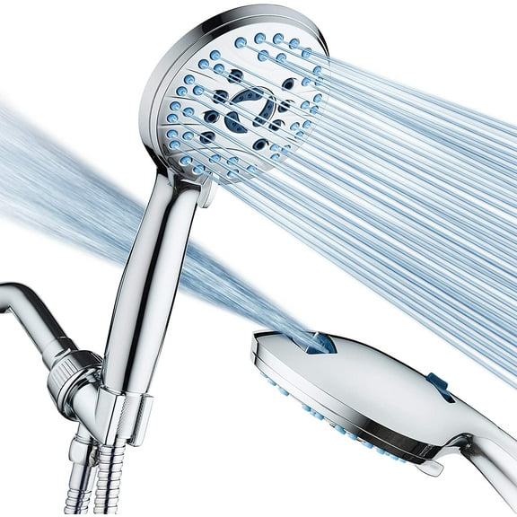 High Pressure 8-mode Handheld Shower Head - Anti-clog Nozzles, Built-in Power Wash to Clean Tub, Tile & Pets, Extra Long 6 ft. Stainless Steel Hose, Wall & Overhead Brackets - 1.8 GPM