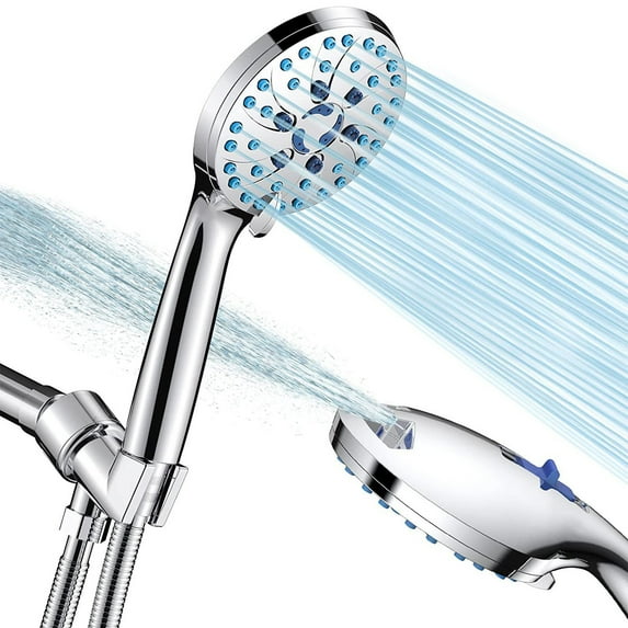 High Pressure 8-mode Handheld Shower Head - Anti-clog Nozzles, Built-in Power Wash to Clean Tub, Tile & Pets, Stainless Steel Hose, Wall & Overhead Brackets (Silver)