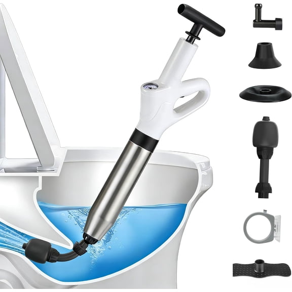 High Pressure Air Drain Blaster with Pressure Gauge, 304 Stainless Steel Toilet Plunger and Clog Remover for Bathroom, Kitchen and Floor Drain