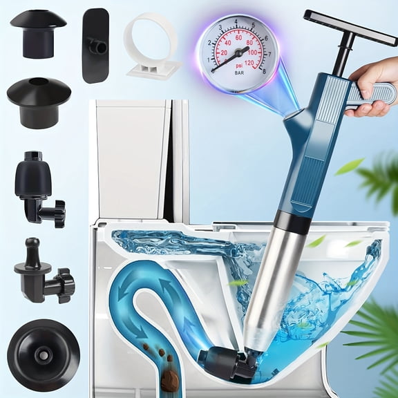 High-Pressure Air Drain Gun, Sewer Dredge & Toilet Flusher Kit, Stainless Steel Pipe Blockage Remover, for Bathroom Toilet, Kitchen Sink, Floor Drain & Sewer Cleaning