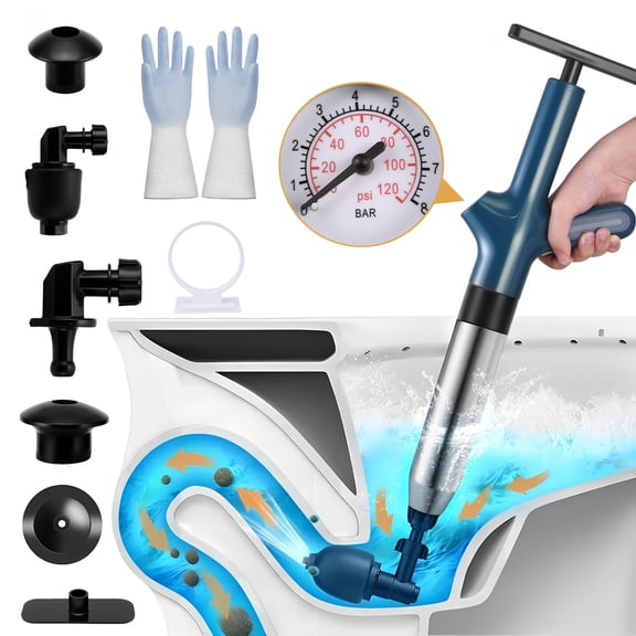 High-Pressure Air Toilet Plunger & Drain Blaster with Pressure Gauge, Stainless Steel Plumbing Snake, Powerful Clog Remover for Toilet, Sink & Floor Drain, No Battery Needed