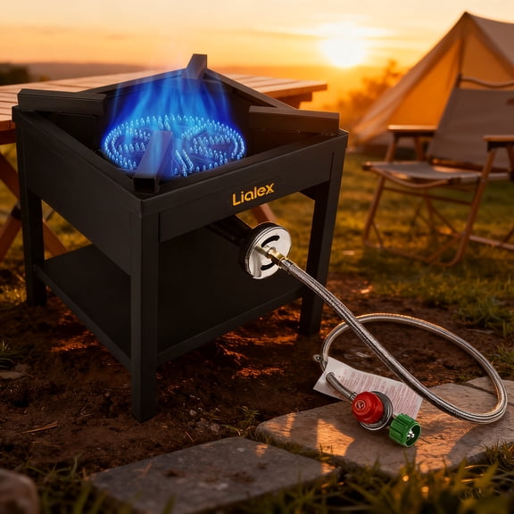 High Pressure Banjo 1-Burner Outdoor Propane Gas Cooker 230000 BTU with 0-30 PSI Adjustable Regulator and Steel Braided Hose For Outdoor Cooking Turkey Fry (BALCK)