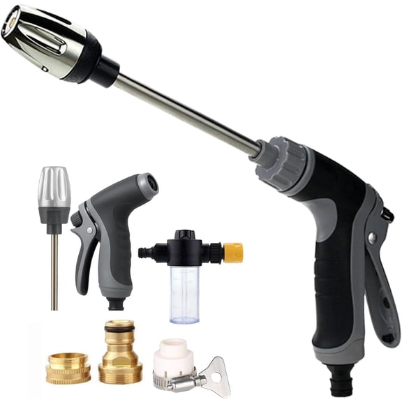 High Pressure Car Wash Water Gun Kit with Long Wand, Foam Cannon Bottle and Metal Quick Connect Adapters, Garden Hose Car Cleaning Sprayer Tool for Auto, Patio and Outdoor Cleaning
