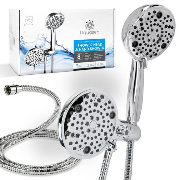 High-Pressure Dual Shower Head - Handheld and Fixed Combo with 8 Spray Options - Easy Installation - US Standard, Premium Finish - Dog Shower Attachment - 2.5 GPM with 1.7 restrictor in box