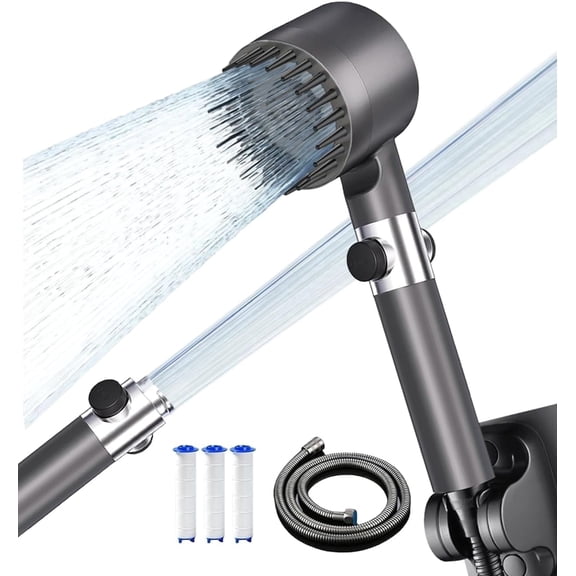 High Pressure Filtered Shower Head with 59-inch Hose, 4 Filter Cartridges and Wall Holder, 4 Water Modes, on/off Switch, Gray