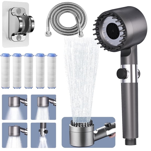 Showerhead High Pressure with Handheld, 59" Explosion-Proof Hose, 5 Filter Cartridges and Wall Holder, on/off Switch, 4 Water Modes, Gray