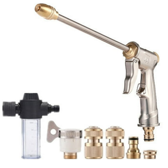 High Pressure Garden Hose Nozzle – 3/4" GHT Sprayer Head for Lawn, Car Washing, Pets & Cleaning, Heavy Duty Metal Water Nozzle with Adjustable Spray Patterns (5 connector+Foam pot)