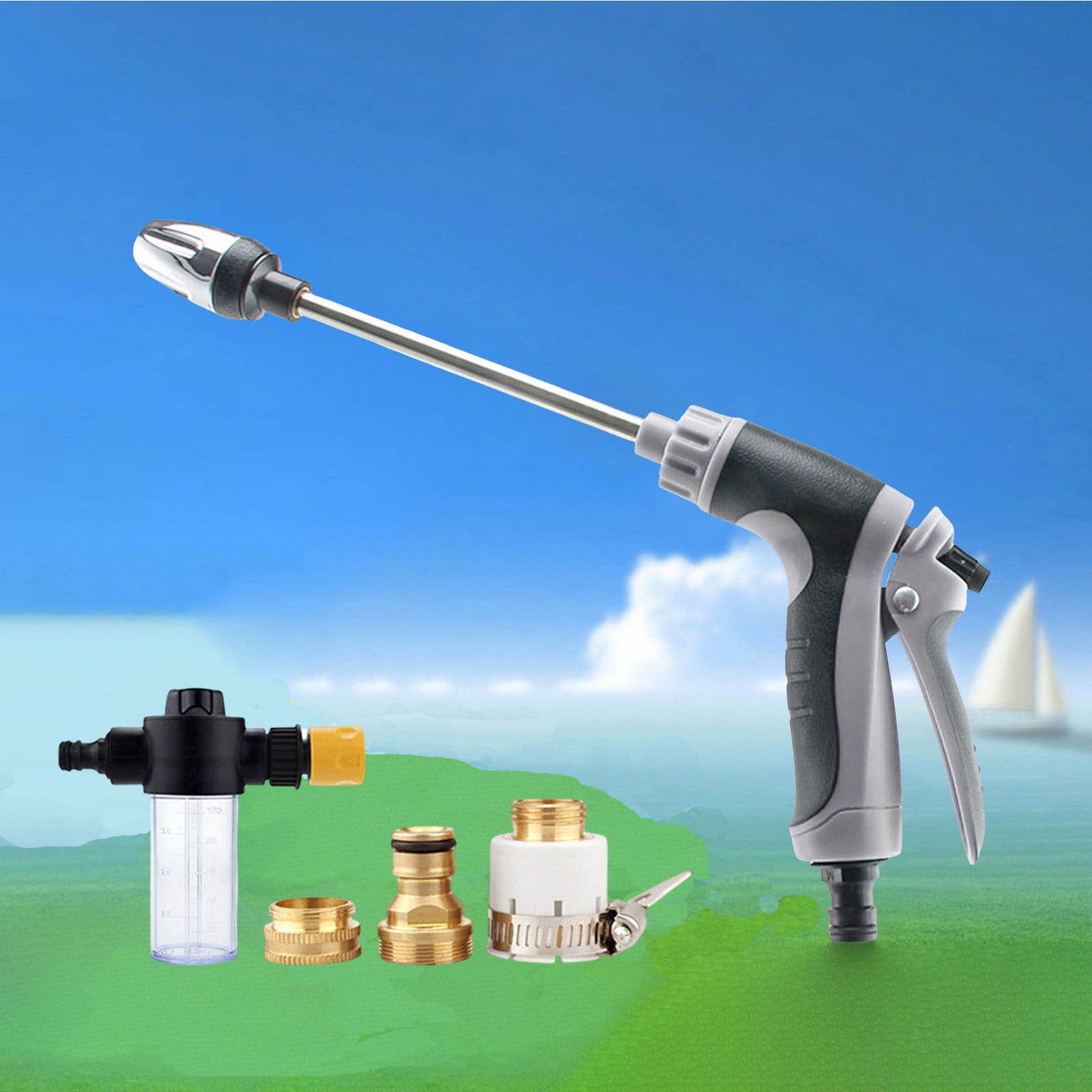 High Pressure Garden Hose Nozzle, Adjustable Water Spray Gun with Foam Cannon, Multi-Function Cleaning Wand for Car, Patio, Outdoor Cleaning (16.1" x 5.5")