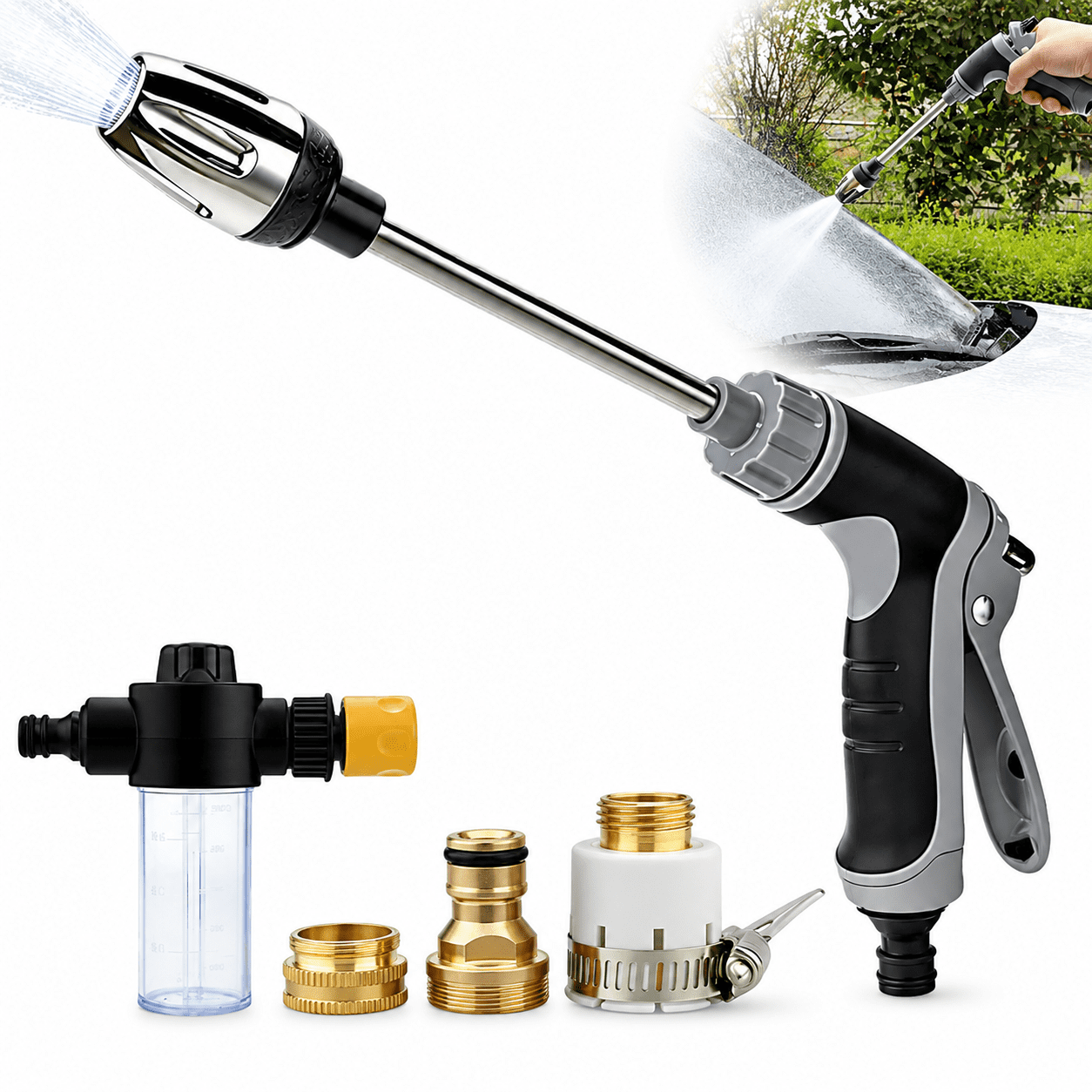 High Pressure Garden Hose Nozzle Sprayer, Adjustable Metal Water Sprayer with Foam Bottle Attachment for Car Washing, Patio Cleaning, Plant Watering and Pet Rinsing