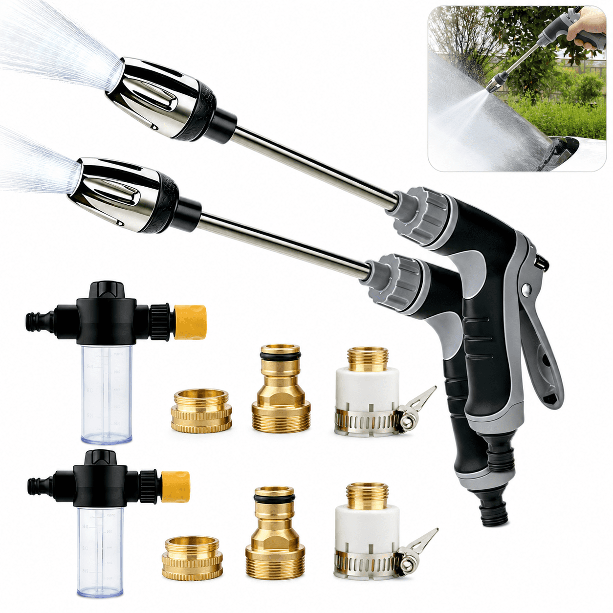 High Pressure Garden Hose Nozzle Sprayer, Adjustable Metal Water Sprayer with Foam Bottle Attachment for Car Washing, Patio Cleaning, Plant Watering and Pet Rinsing