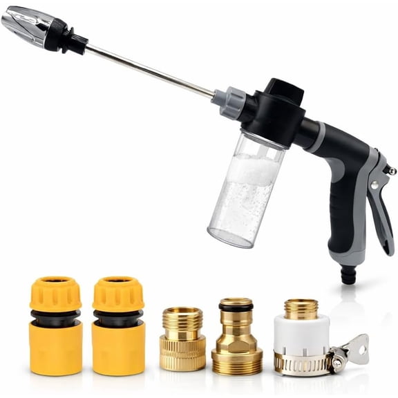 High Pressure Garden Hose Spray Gun, Car Wash Foam Sprayer, Adjustable Nozzle Cleaning Gun with Connectors, Multi-Function Cleaning Tool (With Foam Bottle)