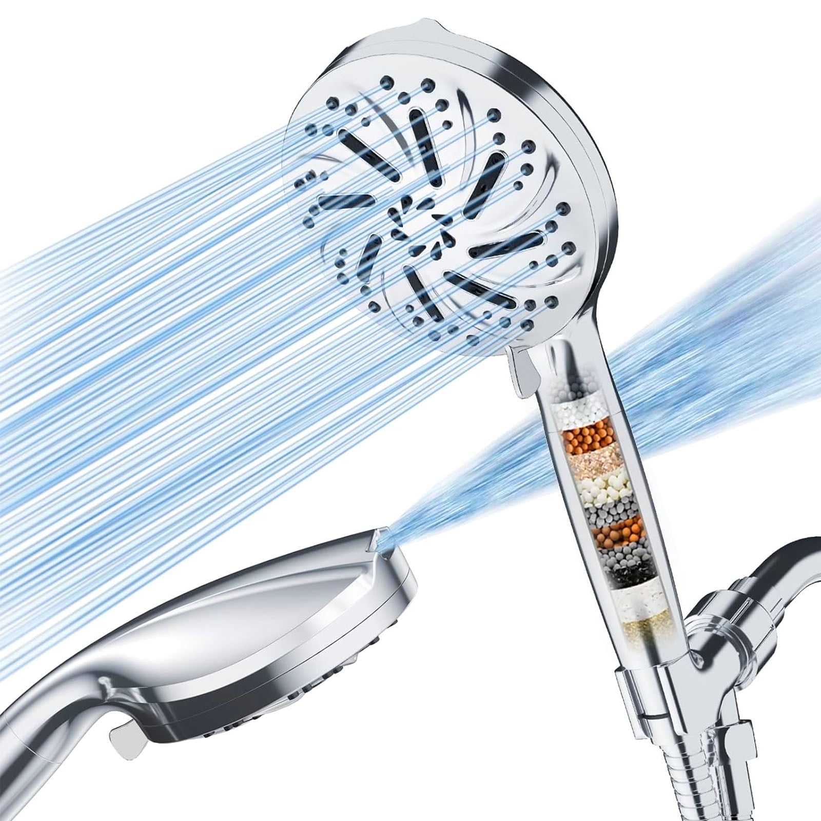 High Pressure Handheld Shower Head with 10 Modes, Water-Saving Filter & 59" Hose - Silver