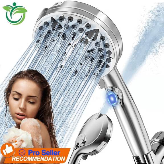 High Pressure Handheld Shower Head, 4.8" Large Panel Rain Shower Head with 9 Spray Modes, One-Touch Pause Button, Long Hose and Adjustable Bracket for Bathroom Cleaning and Pet Bath