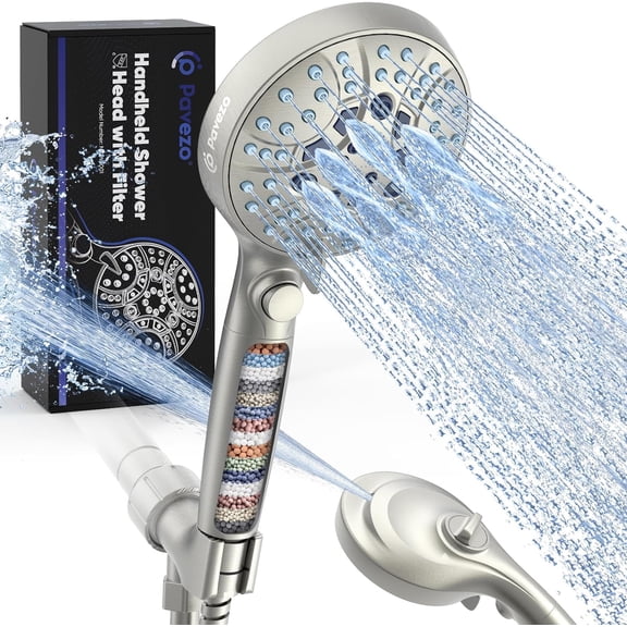 High Pressure Handheld Shower Head with Filter, ON/OFF Switch Pause Button, 10-mode Shower Head with Hard Water Softener Filters, SS Hose, Anti-clog & Powerful Clean Tile & Pet, Brushed Nicke
