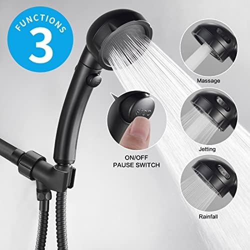 High Pressure Handheld Shower Head with ON/OFF Pause Switch, 3 Spray Modes Shower Wand with Shut Off Button, Removable Camper Shower Head with Hose and Adjustable Angle Bracket (Black)