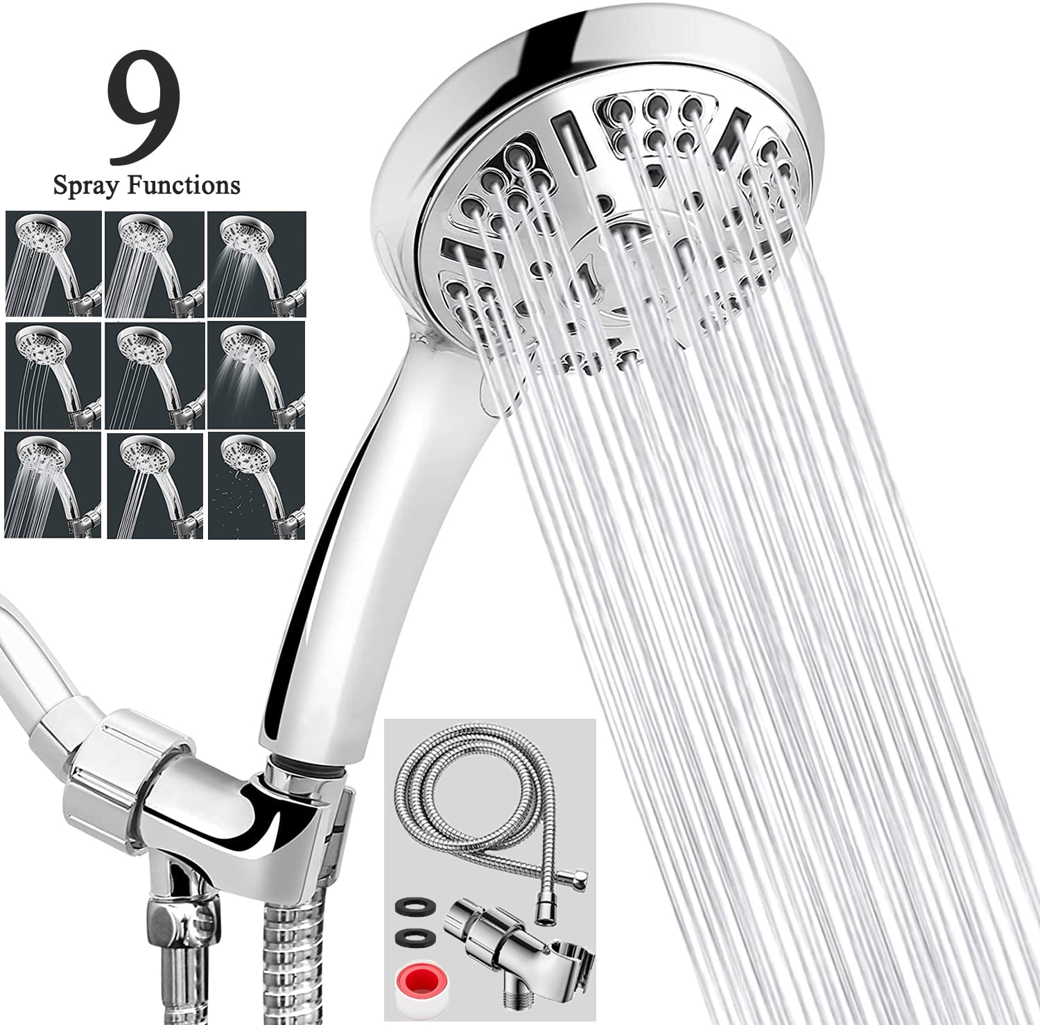 High Pressure Handheld Shower Heads, 9 Spray Functions of Rain, Massage