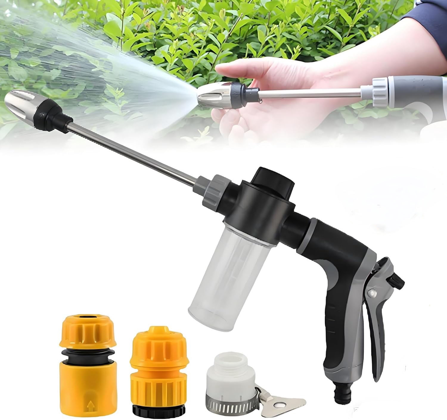 High Pressure Hose Nozzle with 3 Spray Modes Foam Bottle 360° Rotating Garden Hose Spray Nozzle, Stainless Steel Watering Wand for Car Wash, Patio, Driveway & Outdoor Cleaning (Black, with Soap Di  P