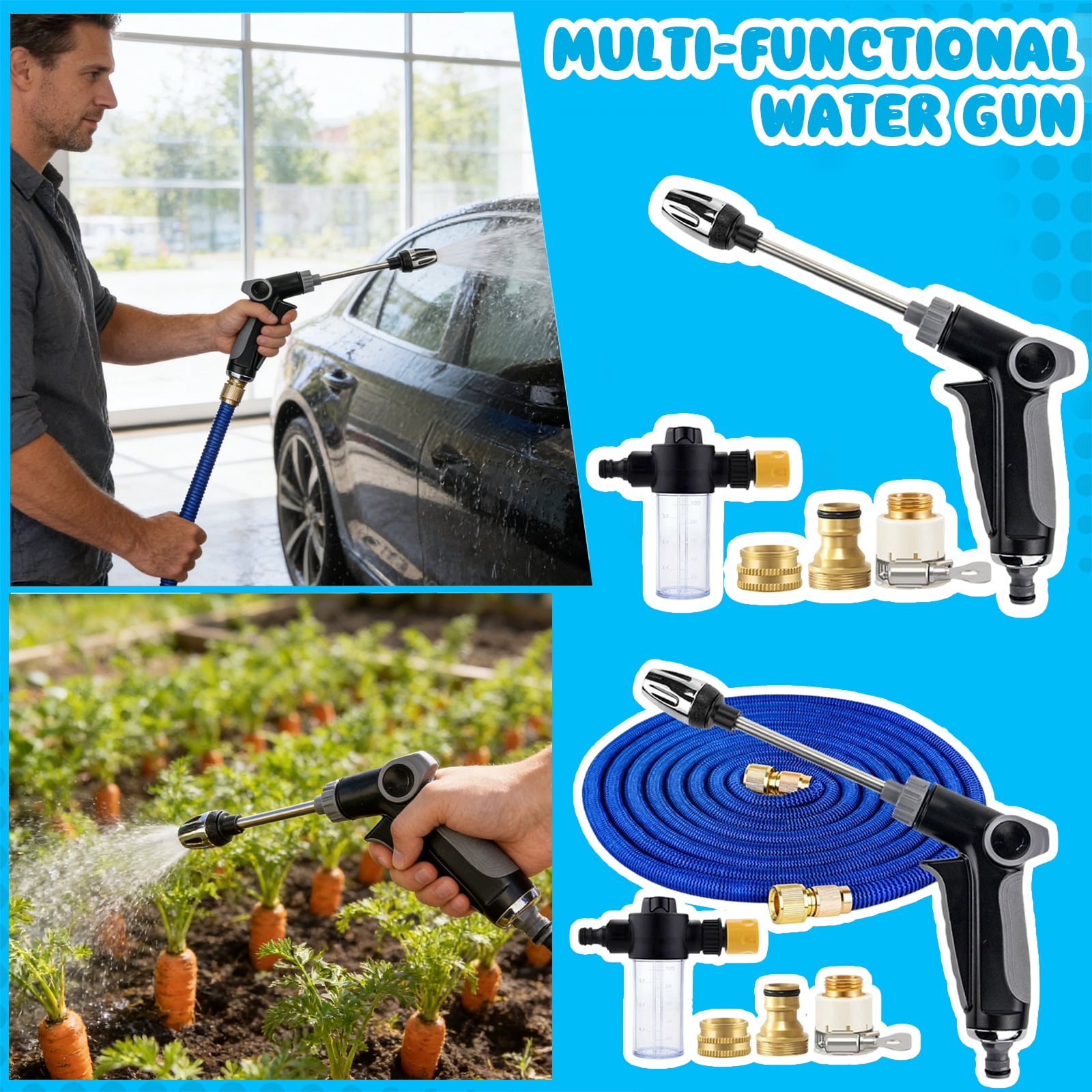 High Pressure Hose Nozzle, Heavy Duty Metal Spray Gun with Adjustable Stream, for Car Washing, Garden Watering, Patio Cleaning B