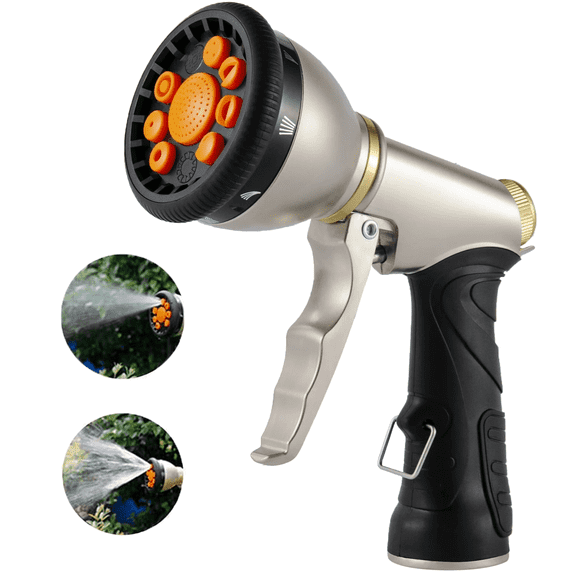 High-Pressure Hose Nozzle, Heavy Duty Metal Water Hose Sprayer with 9 Adjustable Spray Patterns and Brass Hose Quick Connector, Spray Nozzle Gun for Watering Plants, Car Washing