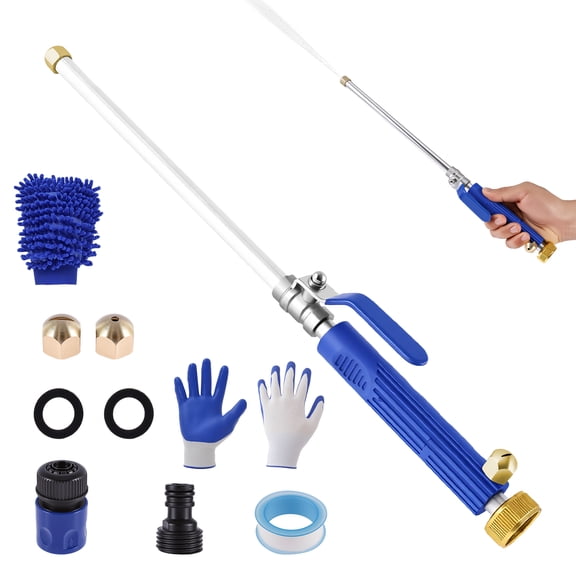 High Pressure Jet Hose Nozzle 2 Spray Modes Garden Hose Pressure Washer Attachment with Quick Connect Fitting Washers Tape Gloves for Car Washing Gutter Cleaning Watering