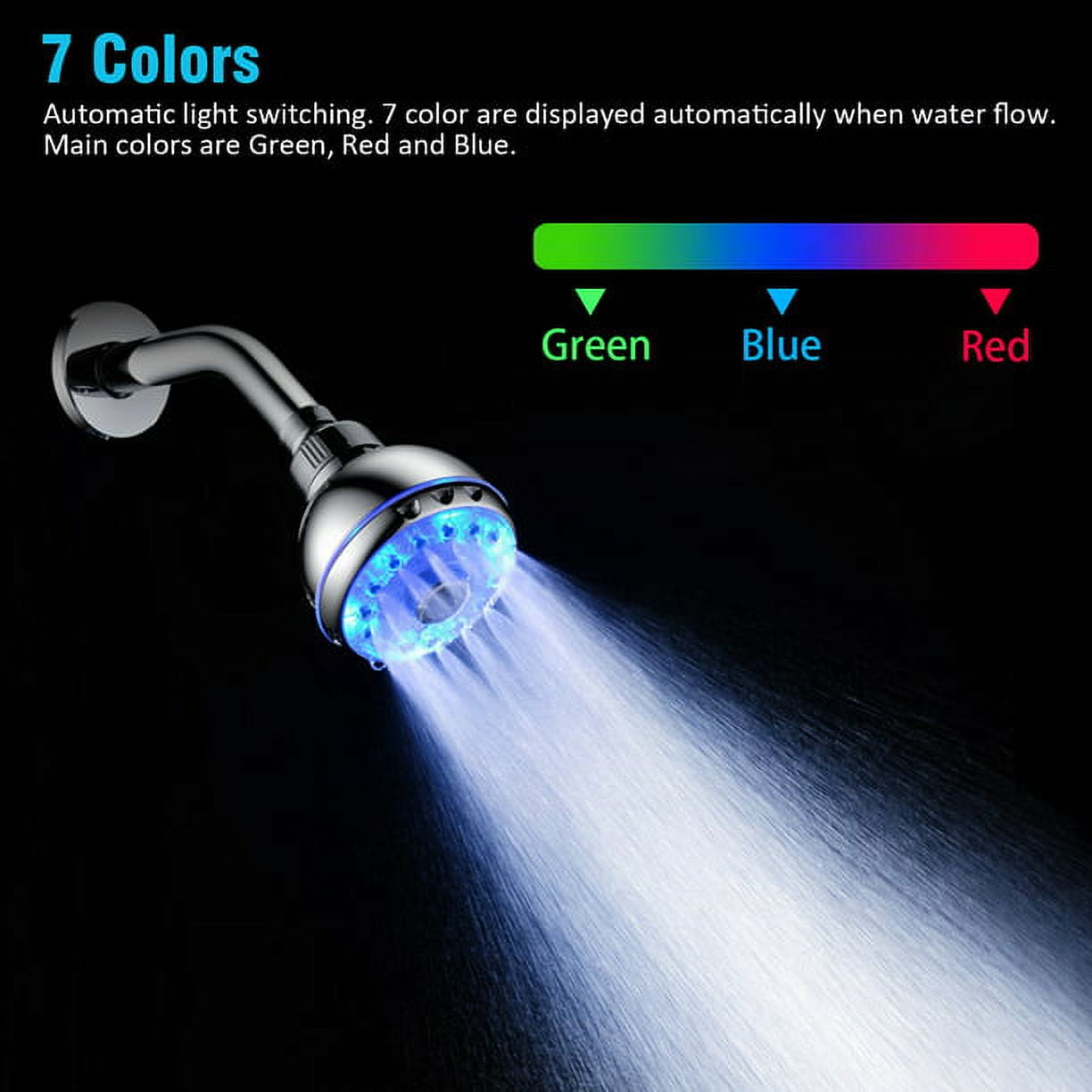 High-Pressure LED Shower Head, RGB Colorful Automatic Changing Light Waterfall Shower Head, 360 Degree Rotatable Shower Spray with 3 Modes, Replacement Shower Head for Bathroom Hotel
