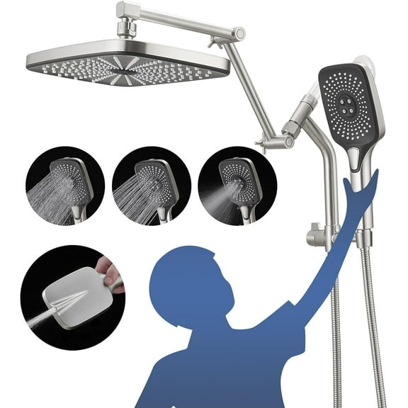 High Pressure Rain/Rainfall Shower Heads With Handheld Spray Combo (3+1 Settings & Built-in Power Wash Mode), Double/Dual Shower Head With Handheld - Height/Angle Adjustable(Brushed Nickel)