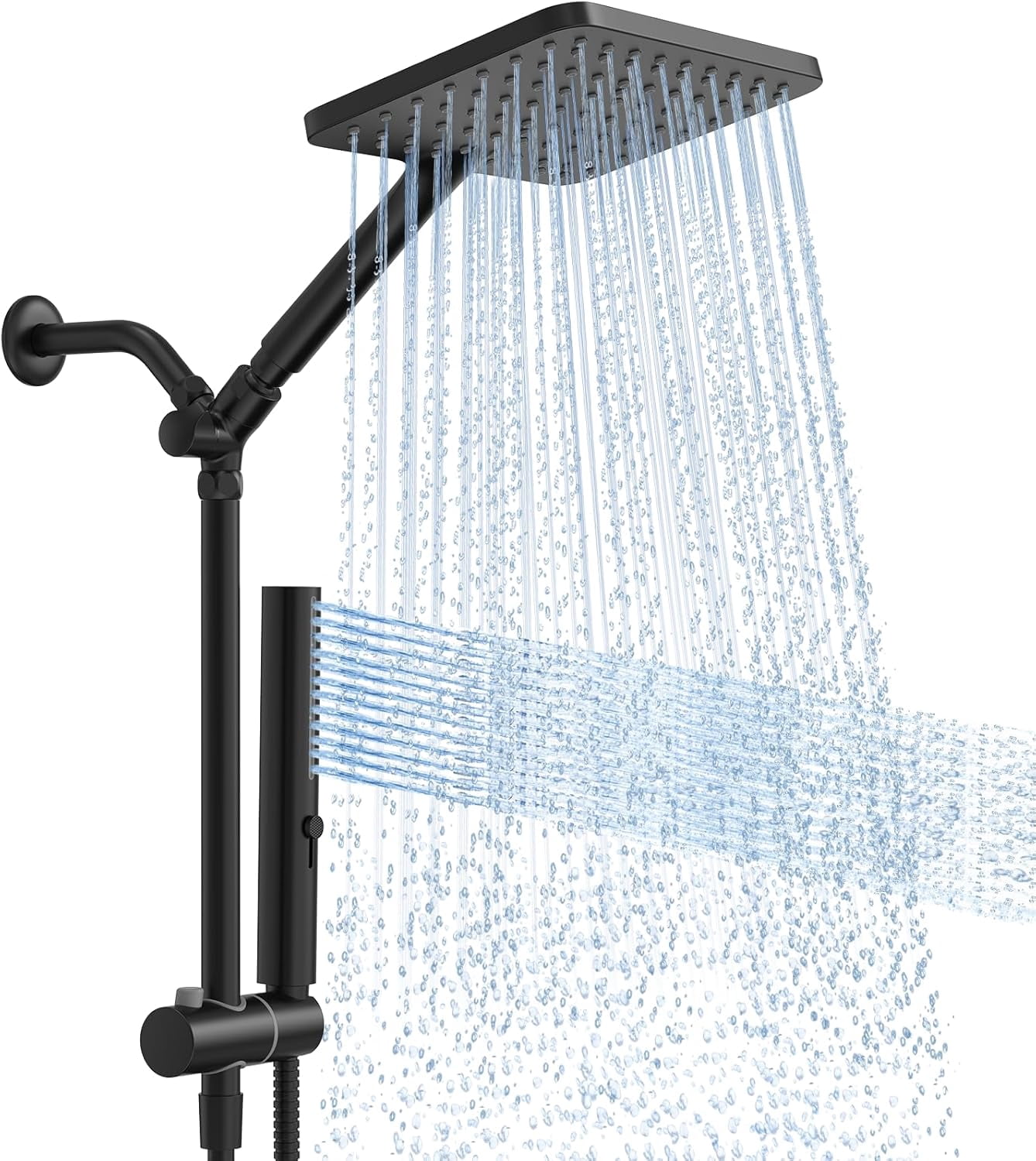 High Pressure Rain Shower Head with Handheld Combo, 10 Inch Square Rainfall Showerhead, Adjustable Slide Bar Dual System, 3 Spray Modes, 59" Stainless Steel Hose, Matte Black