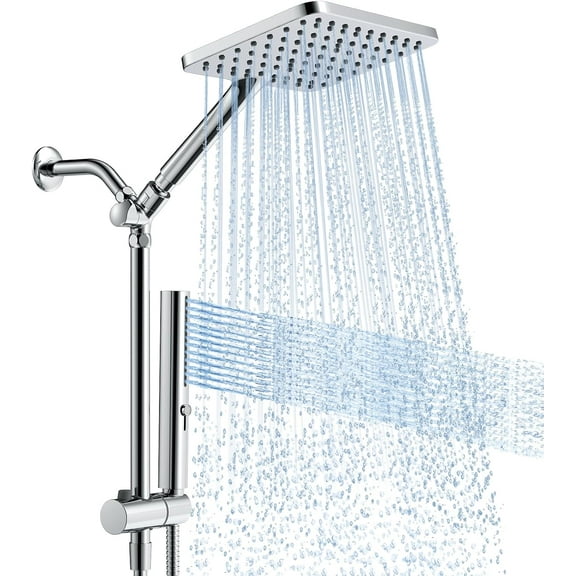 High Pressure Rain Shower Head with Handheld Combo, 10 Inch Square Rainfall Showerhead, Adjustable Slide Bar Dual Shower System, 3 Spray Modes, 59" Stainless Steel Hose,Chrome